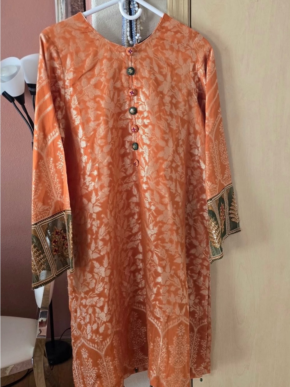 Cross Stitch Pakistani Kurta Peach Jacquard Embroidered M